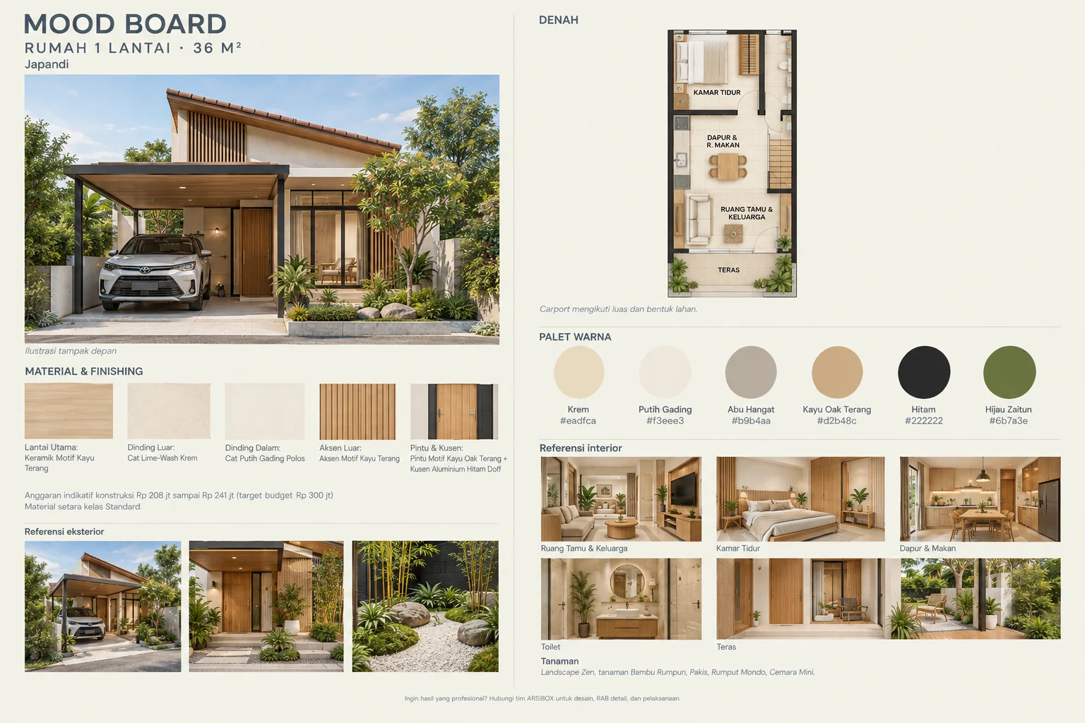 Contoh moodboard rumah 1 lantai 36 m2 gaya Japandi