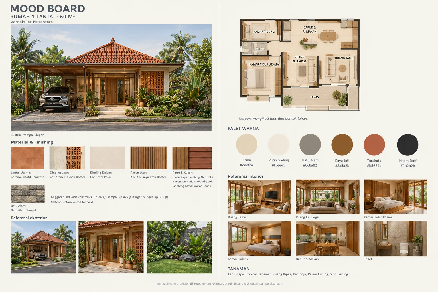 Contoh moodboard rumah 1 lantai 60 m2 gaya Vernakular Nusantara