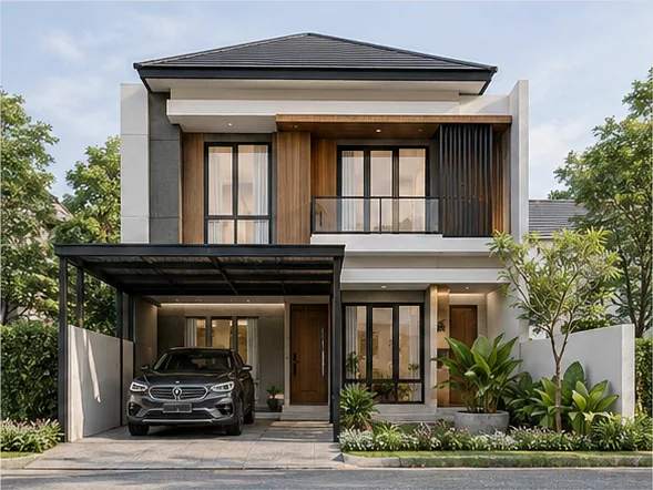 Contoh ilustrasi tampak depan rumah 2 lantai modern minimalis dengan carport dan taman tropis