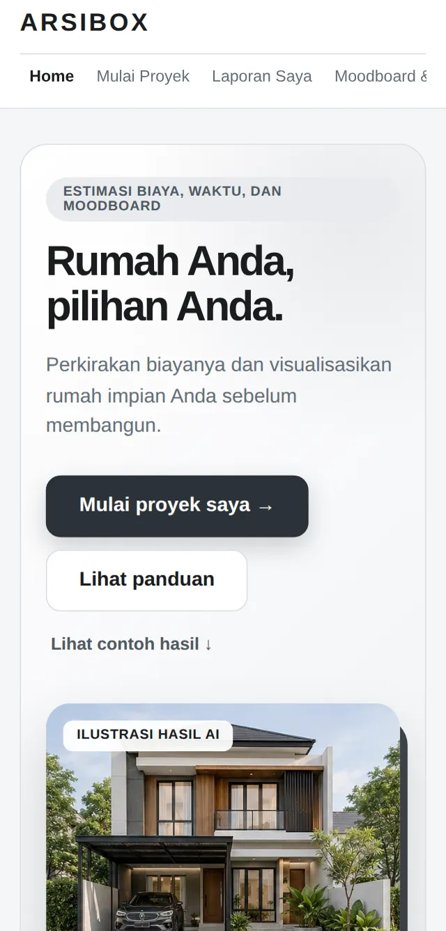 Halaman depan ARSIBOX dengan tombol Mulai proyek saya