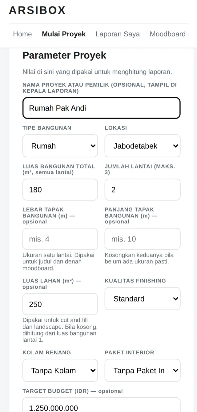 Formulir Parameter Proyek berisi tipe, lokasi, luas, lantai, finishing, dan target budget