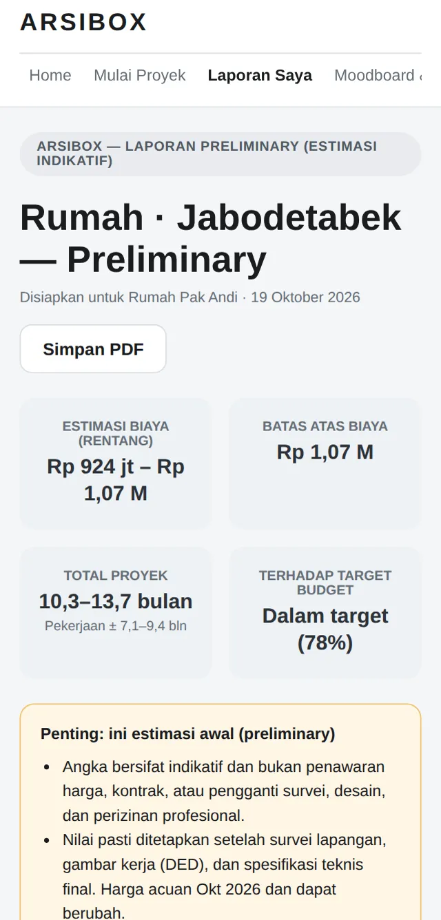 Halaman laporan preliminary dengan estimasi biaya, batas atas, total proyek, dan terhadap target budget