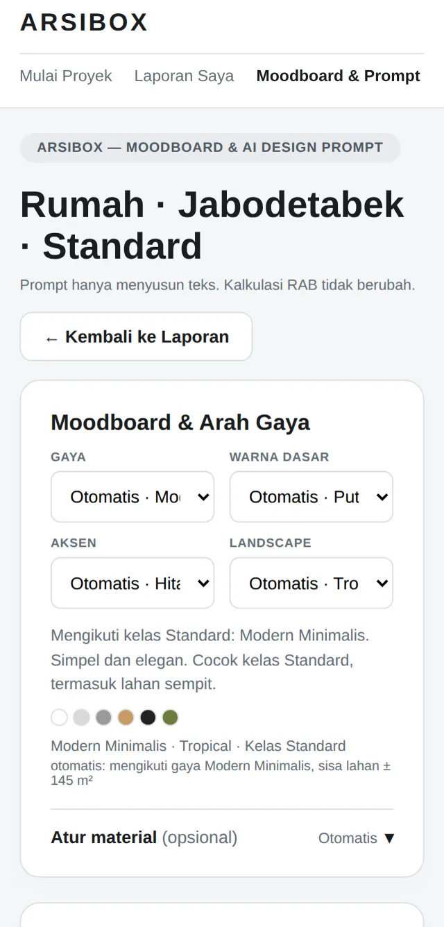 Halaman Moodboard dan Arah Gaya dengan pilihan gaya, warna dasar, aksen, dan landscape