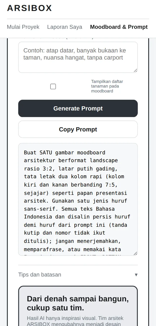 Kotak Prompt Moodboard dengan tombol Generate Prompt dan Copy Prompt serta hasil prompt